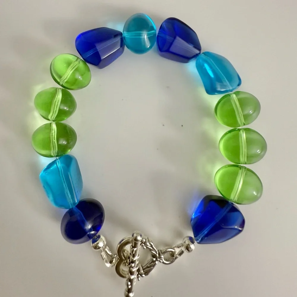 Chunky Boho Glass Nuggets Bracelet In Blue Topaz, Cobolt Blue & Algae Green